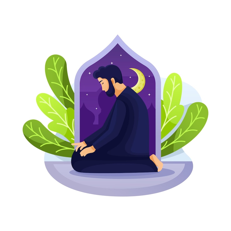 Vector muslim man praying in mosque. ramadan kareem flat cartoon character illustration