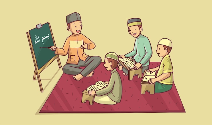 Vector muslim men group studying together hand drawn art