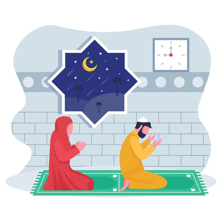 Vector muslims couple kneeling in prayer facing qibla concept person raising hands in dua at qadr night ve