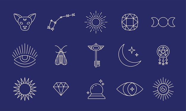 Mystical and mysterious objects collection one line style