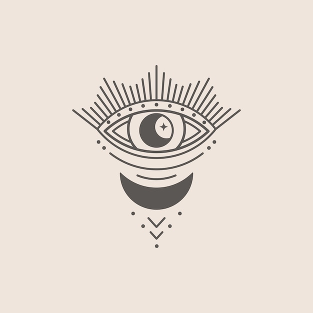 Mystical Eye and Moon Icon in a Trending Minimal Linear Style. Vector Isoteric Illustration for t-shirt Prints, Boho Posters, Covers, Logo Designs and Tattoos.