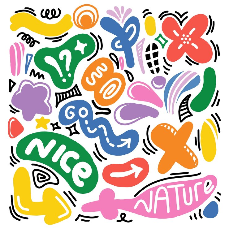 Naive cute abstract shapes sticker pack Fun funky flowers bubbles stars circles eyes typography