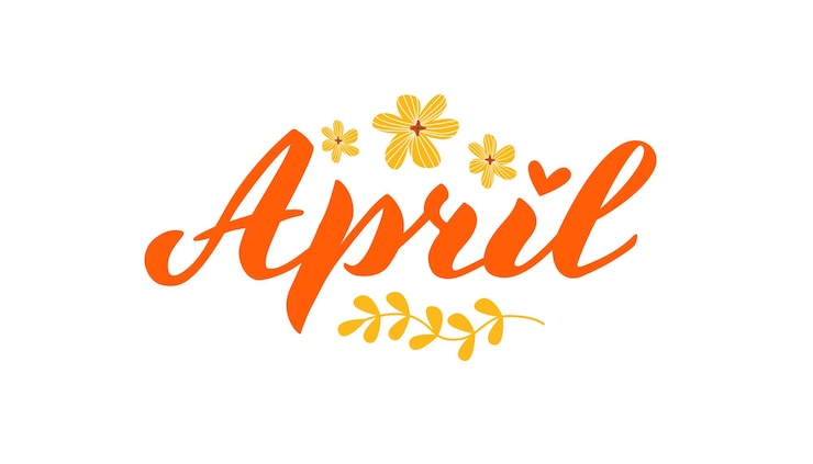 Vector nama bulan april huruf tulisan tangan dengan bunga datar terisolasi pada ilustrasi vektor putih