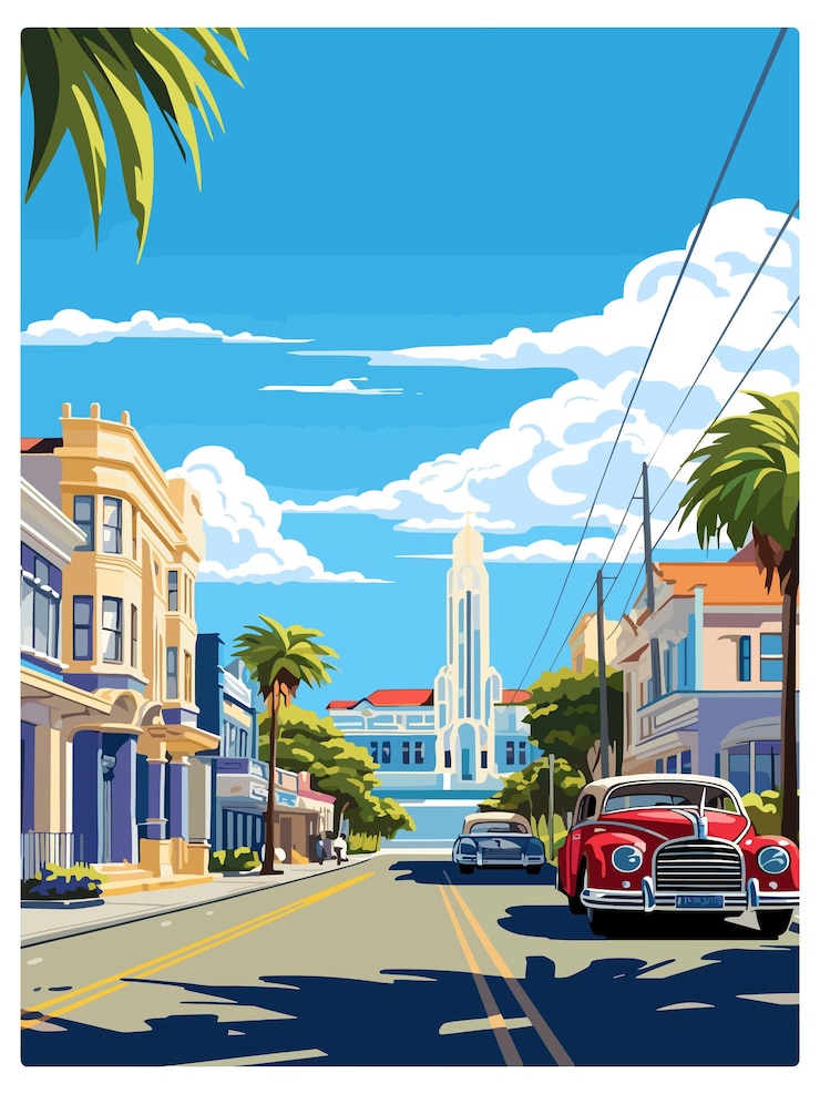 Vector napier deco historic district nz vintage travel poster souvenir postcard portrait painting wpa