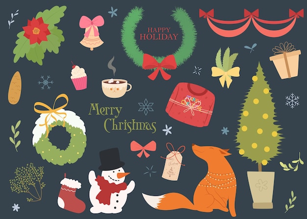 Narrowly focused Christmas theme for new year, holidays. Big design set vector themed art for people