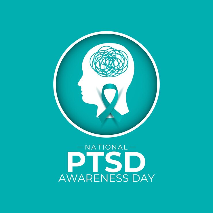 National PTSD Awareness Day is June 27 Health awareness vector Realistic ribbon Human and brain