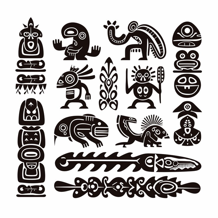 Vector native american symbols aztec maya inca figurines of native american tribes tattoo vector set