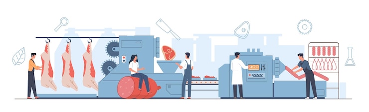 Vector natural production industry concept flat style scene meat processing factory with workers automated conveyor farm sausage production automated food manufacturing nowaday cartoon vector