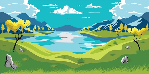 Nature Lake and Mountains Landscape Outdoor Illustration Vector