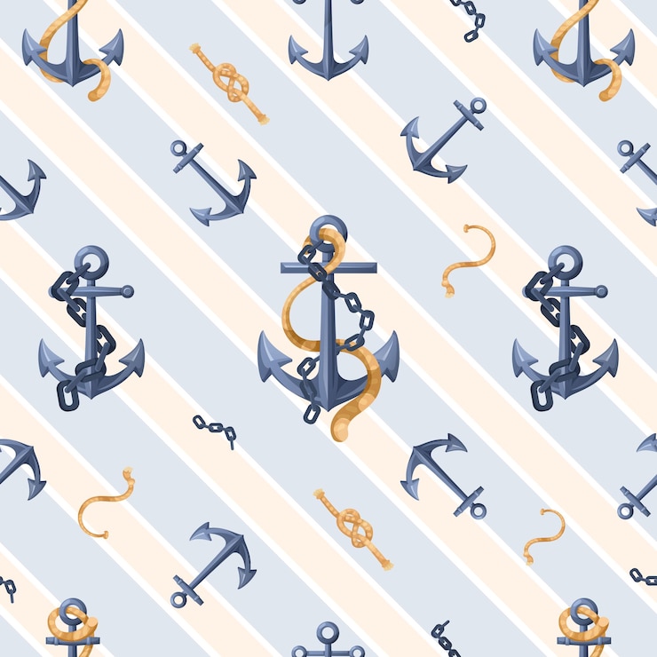 Vector nautical anchor pattern with ropes on striped background vector illustration