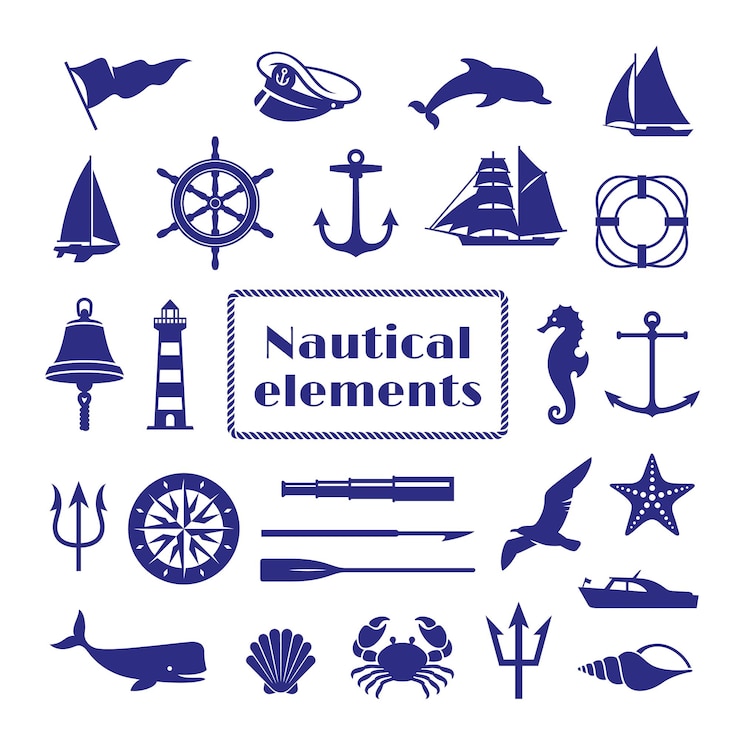 Vector nautical elements set nautic icon sea bell and boat ship wheel marine seagull silhouette crab and seahorse navy compass vintage tidy vector stickers