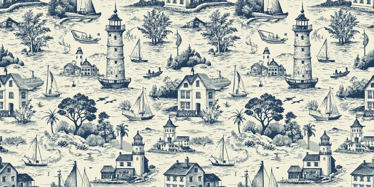 Nauticalthemed wallpaper featuring lighthouses and sailboats in blue and white tones