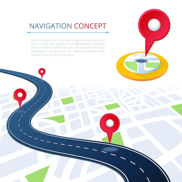 navigation concept with highway road and pin. way direction, geo location and gps guidance