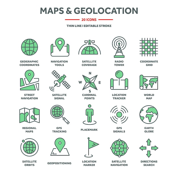 Navigation map and geolocation GPS positioning Coordinate grid quadrants cardinal points location finder Travel route and waypoints planning Thin line web icons set Vector illustration