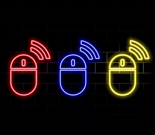 Neon computer mouse icon Glowing neon mouse sign set of isolated gaming mouse device in different