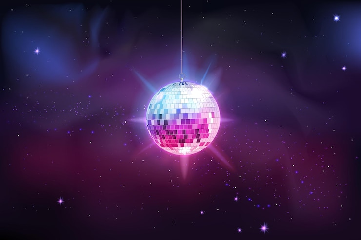 Vector neon dance star disco ball light night space glow planet fantasy music galaxy hanging discoball glowing 3d isolated elements dj discotheque background vector illustration concept