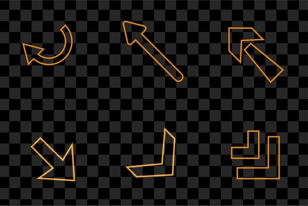 Neon glowing arrow pointer set on dark background. Orange and shining retro light sign collection