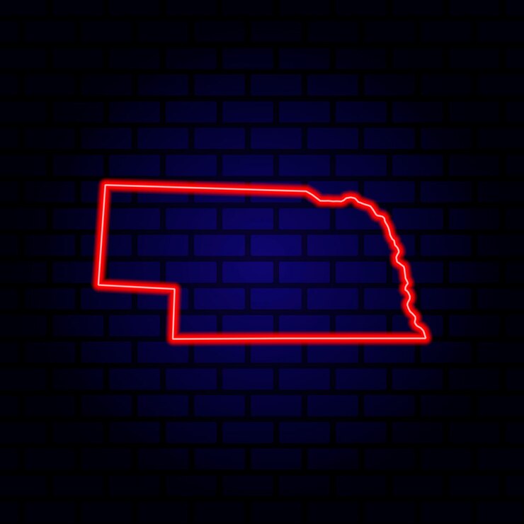 Vector neon map state of nebraska on brick wall background