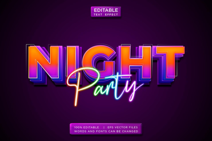 Vector neon night party text effect template