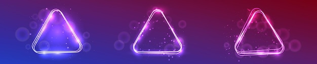 Neon rounded triangle frame with shining effects and sparkles