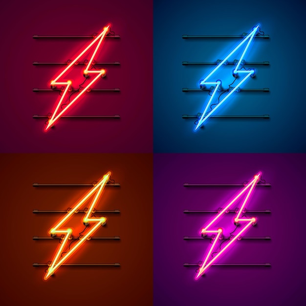 neon sign of lightning signboard. set color. template design element. vector illustration