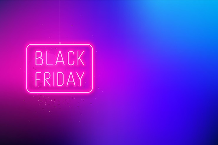 Vector neon sign with glowing text for black friday on colorful gradien