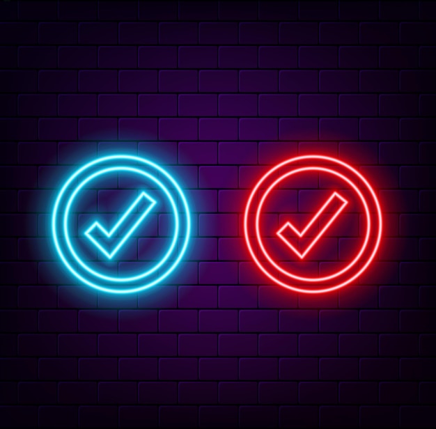 neonstyle checkmark purple checkmark retro sign with glowing neon vector illustration
