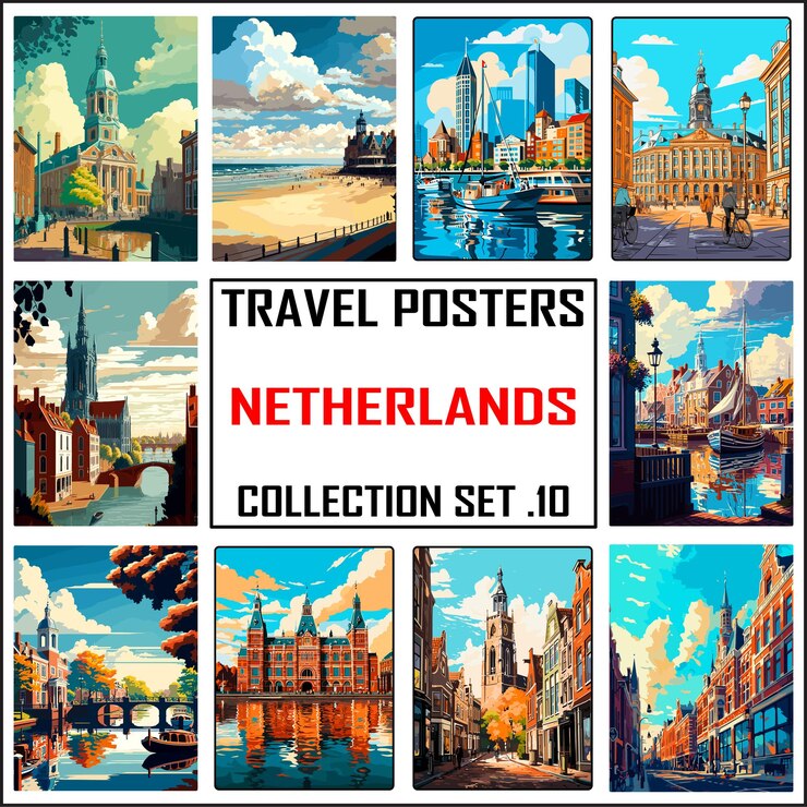 Vector netherlands travel poster wall art print wpa bundle package collection set 10