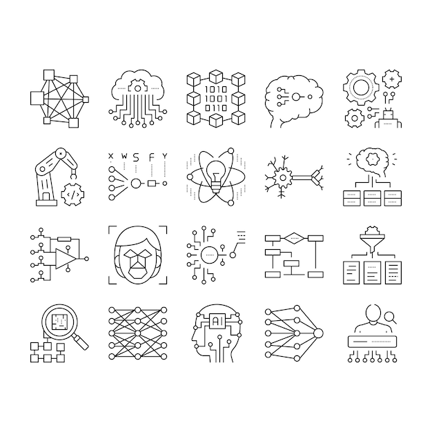 neural network and ai collection icons set vector