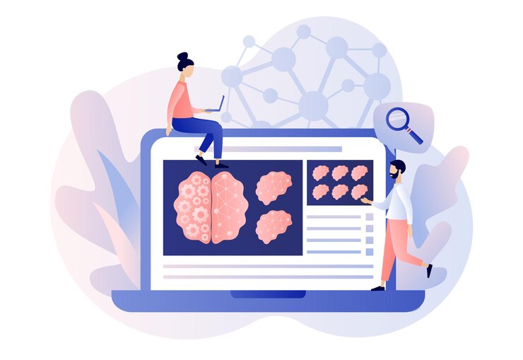 Vector neurology science and brain research concept tiny people study head tomography on laptop screen