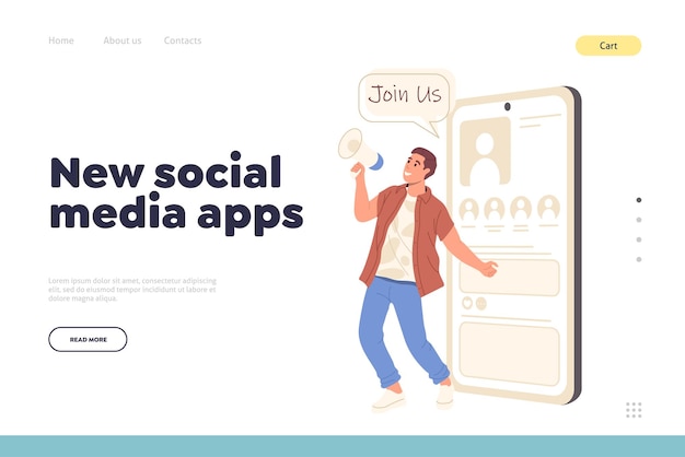 New social media app landing page design template with man influencer inviting to join