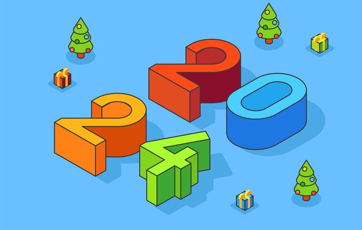 Vector new year 2024 poster design with isometric numbers christmas trees and gifts