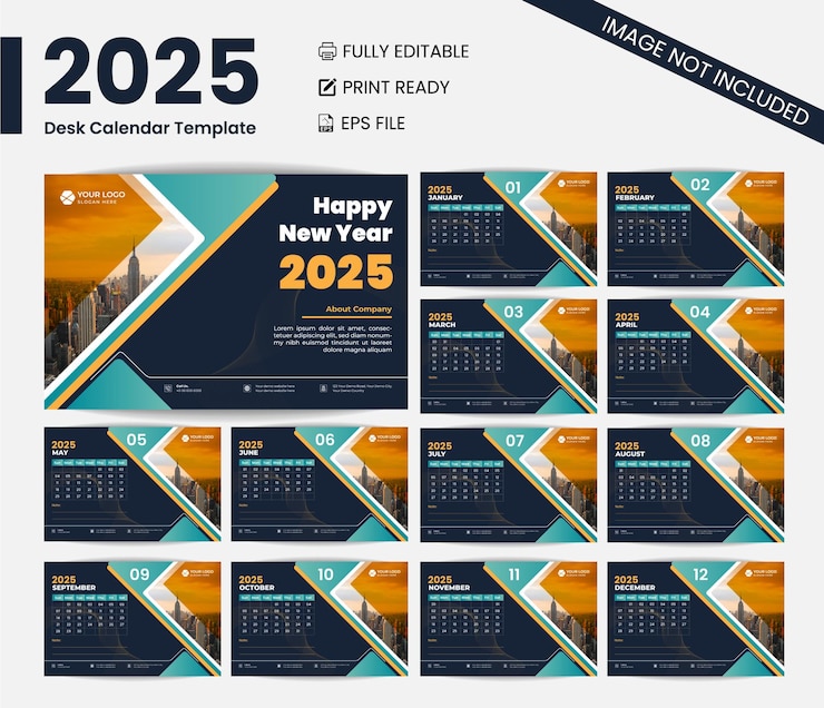 Vector new year 2025 desk calendar design monthly and yearly