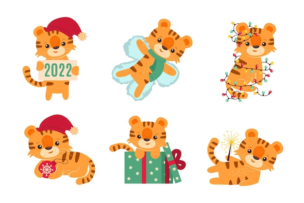 New year and christmas set with cute little tigers. Cartoon characters for stickers. 