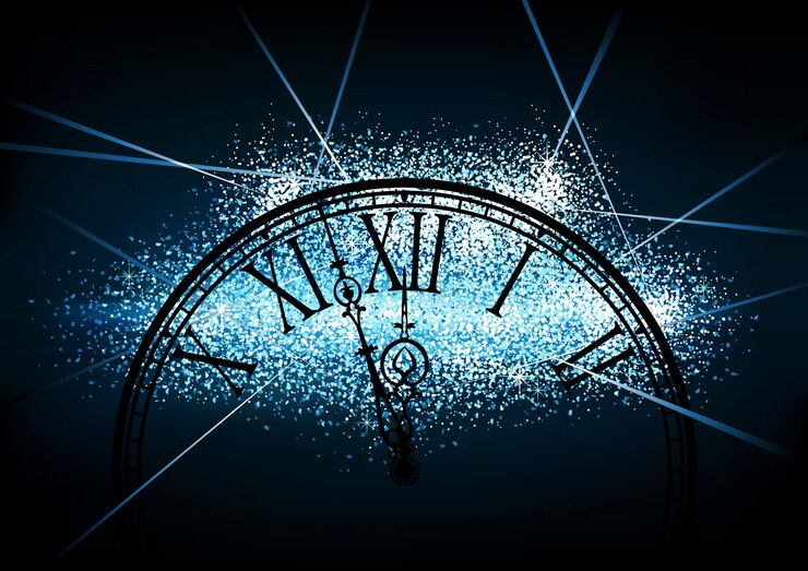 Vector new year glittering background with a clock face