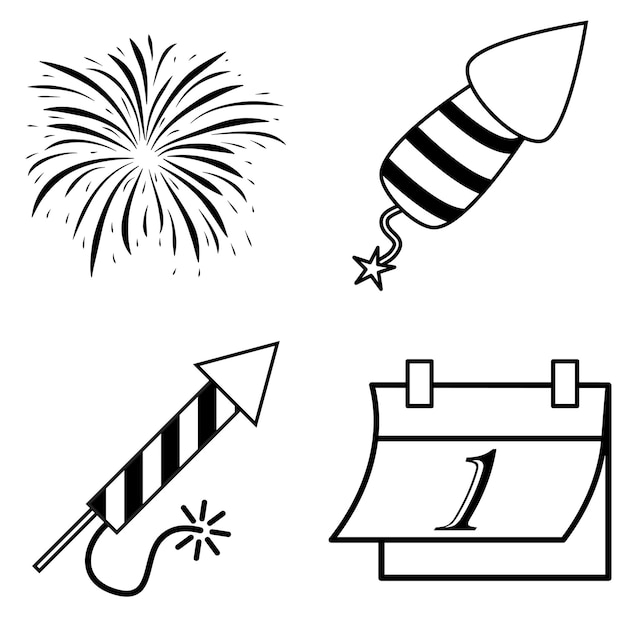 new year icon set outline and silhouette symbol collection