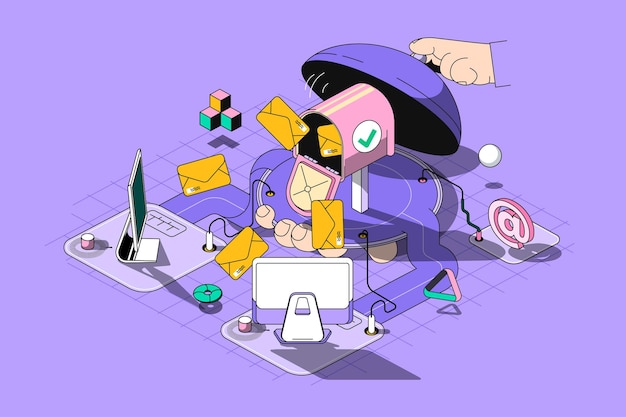 newsletter concept 3d isometric outline web design online communication email services promo
