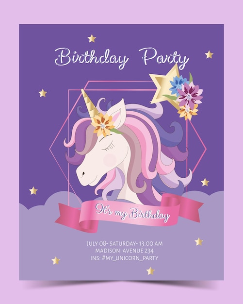 nice unicorn with frame and ribbon in vector