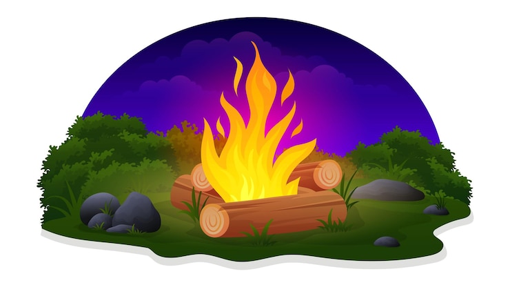 Vector night campfire firewood vector illustration with grass, bush and stone