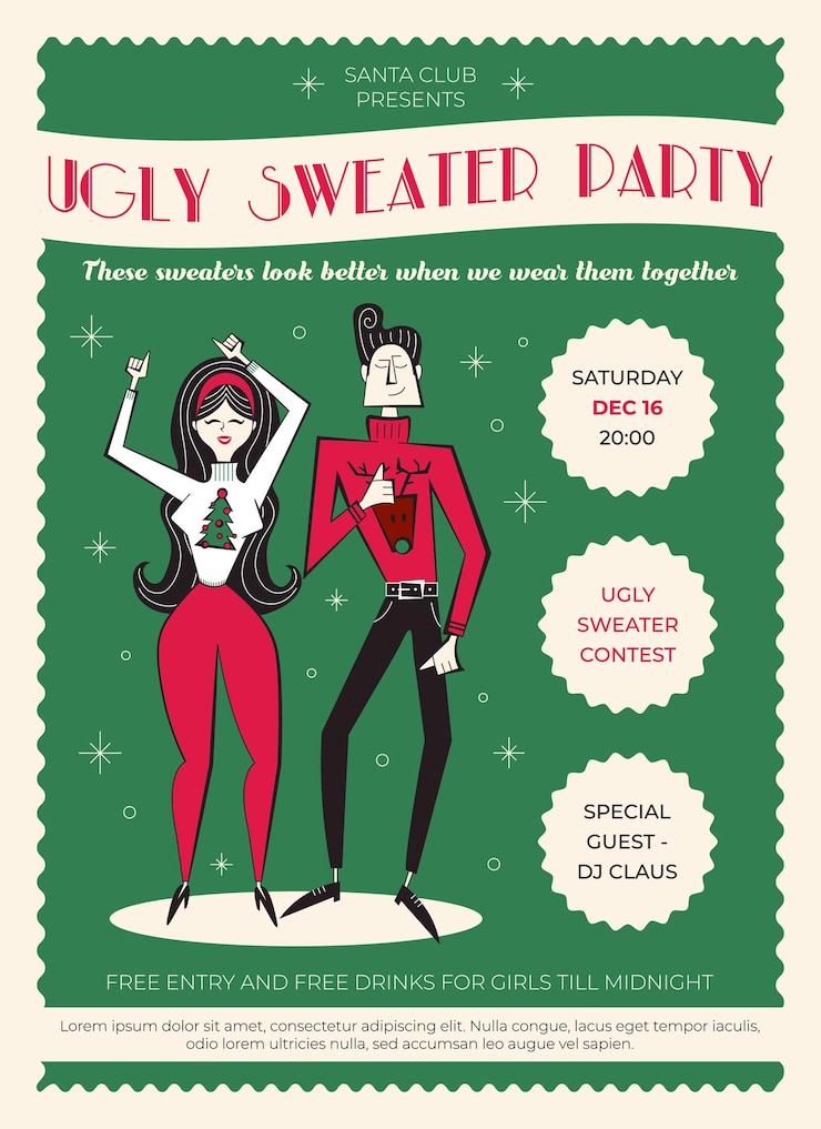 Night club retro Christmas party invitation with dancing couple on Ugly Sweater party