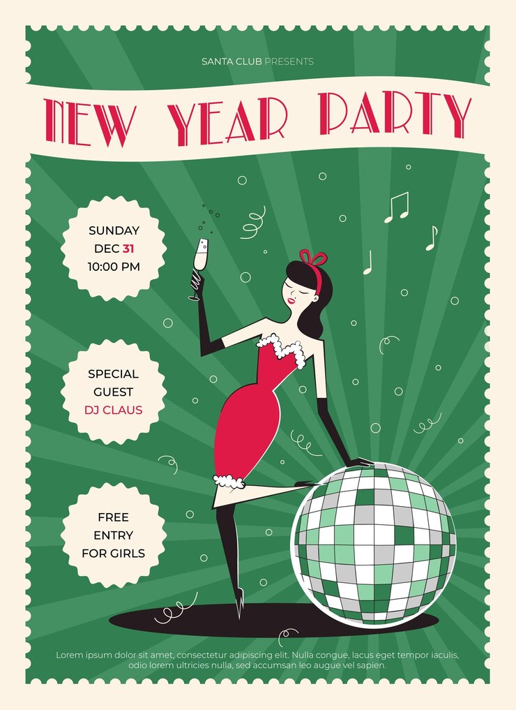 Night club retro New Year party invitation with girl with champagne and disco ball