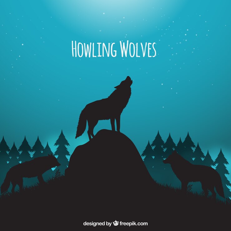 Vector night landscape background with wolves