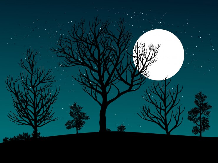 Vector night landscape with bare trees and full moon