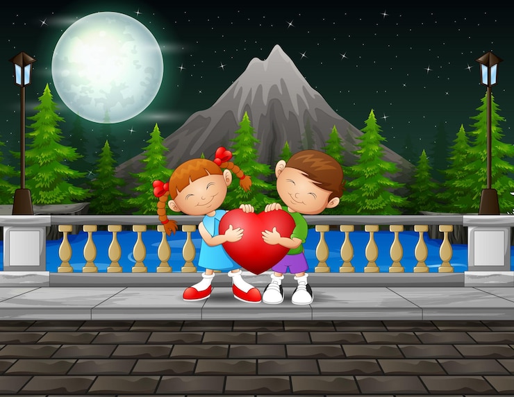 Vector night scene with couple kids holding red heart
