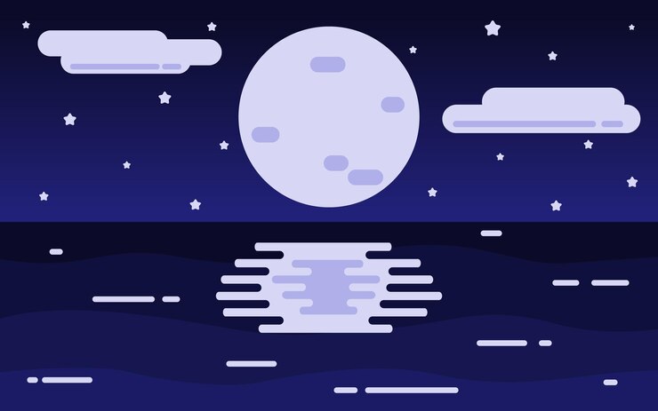 Night sky with full moon and stars reflected in the sea.
