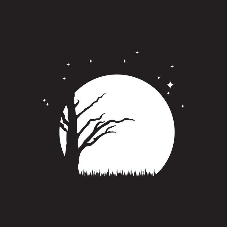 Vector night view with dry tree grass and moon logo design vector graphic symbol icon illustration creative
