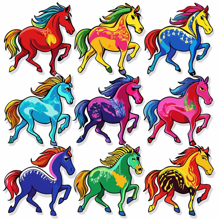 Vector nine colorful horses running cartoon style isolated on white background