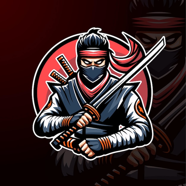 ninja esport mascot logo design with sword and mask on red background
