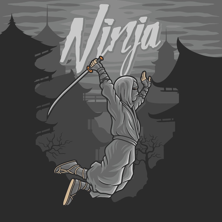 Vector ninja terbang dengan pedang dan latar belakang bangunan tua di cina