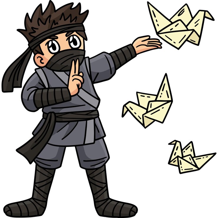 Vector ninja with origami cartoon colored clipart